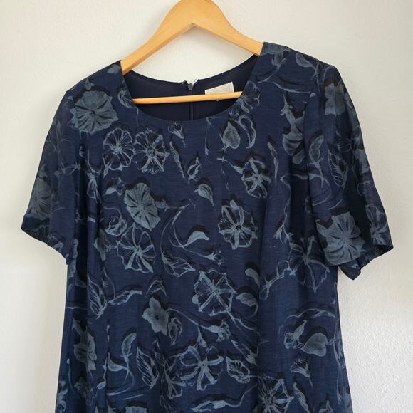 Vintage Burberrys Linen Blend Floral Midi Dress Navy Size 16 Short Sheer Sleeves - Picture 2 of 7
